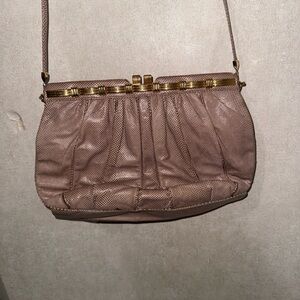 Judith Leiber Taupe Pleated Shoulder Clutch with Gold-Tone Frame